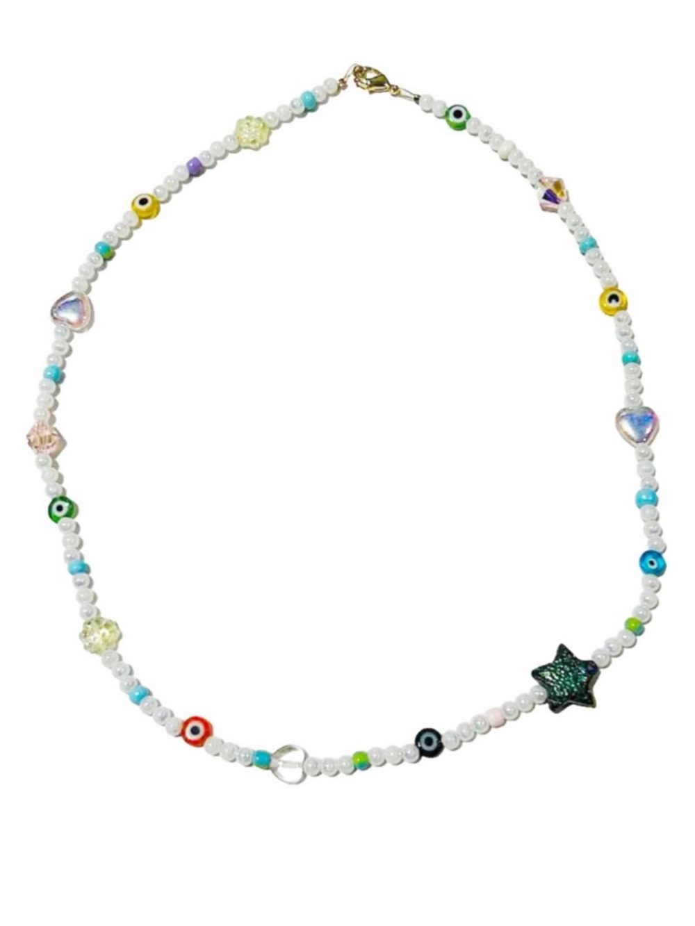 Handmade Y2K Style Beaded Necklace Choker White Pearl Blue Yellow Sparkly Star